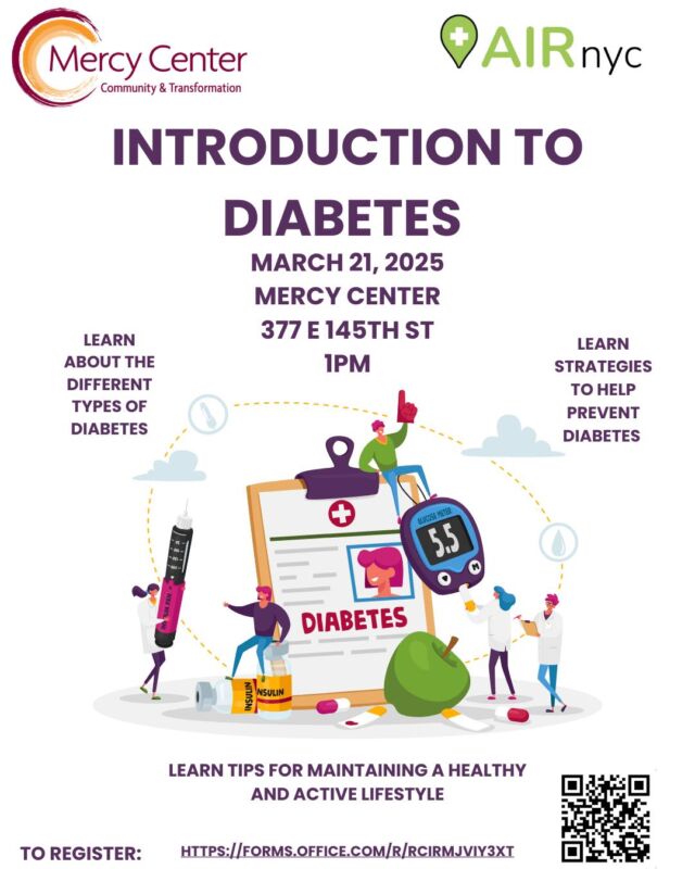 Join us at Mercy Center on March 21, 2025, at 1 PM for an Introduction to Diabetes workshop. Learn about different types of diabetes, prevention strategies, and tips for a healthy lifestyle. Register now: https://forms.office.com/pages/responsepage.aspx?id=L6D0M7EkW0eu_24hOVq5T0odKuV8wT1LqGTr2cFuDstUMEYzNDJUSVVONUJWMVU3UlI4VlFVOVpBUy4u&origin=QRCode&route=shorturl

Únase a nosotros en Mercy Center el 21 de marzo de 2025 a la 1 PM para un taller de Introducción a la Diabetes. Aprenda sobre los diferentes tipos de diabetes, estrategias de prevención y consejos para un estilo de vida saludable. Regístrese ahora: https://forms.office.com/pages/responsepage.aspx?id=L6D0M7EkW0eu_24hOVq5T0odKuV8wT1LqGTr2cFuDstUMEYzNDJUSVVONUJWMVU3UlI4VlFVOVpBUy4u&origin=QRCode&route=shorturl